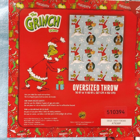 Dr. Seuss The Grinch Oversized Plush Throw Blanket 50x60" Holiday Christmas Blue - Picture 7 of 15